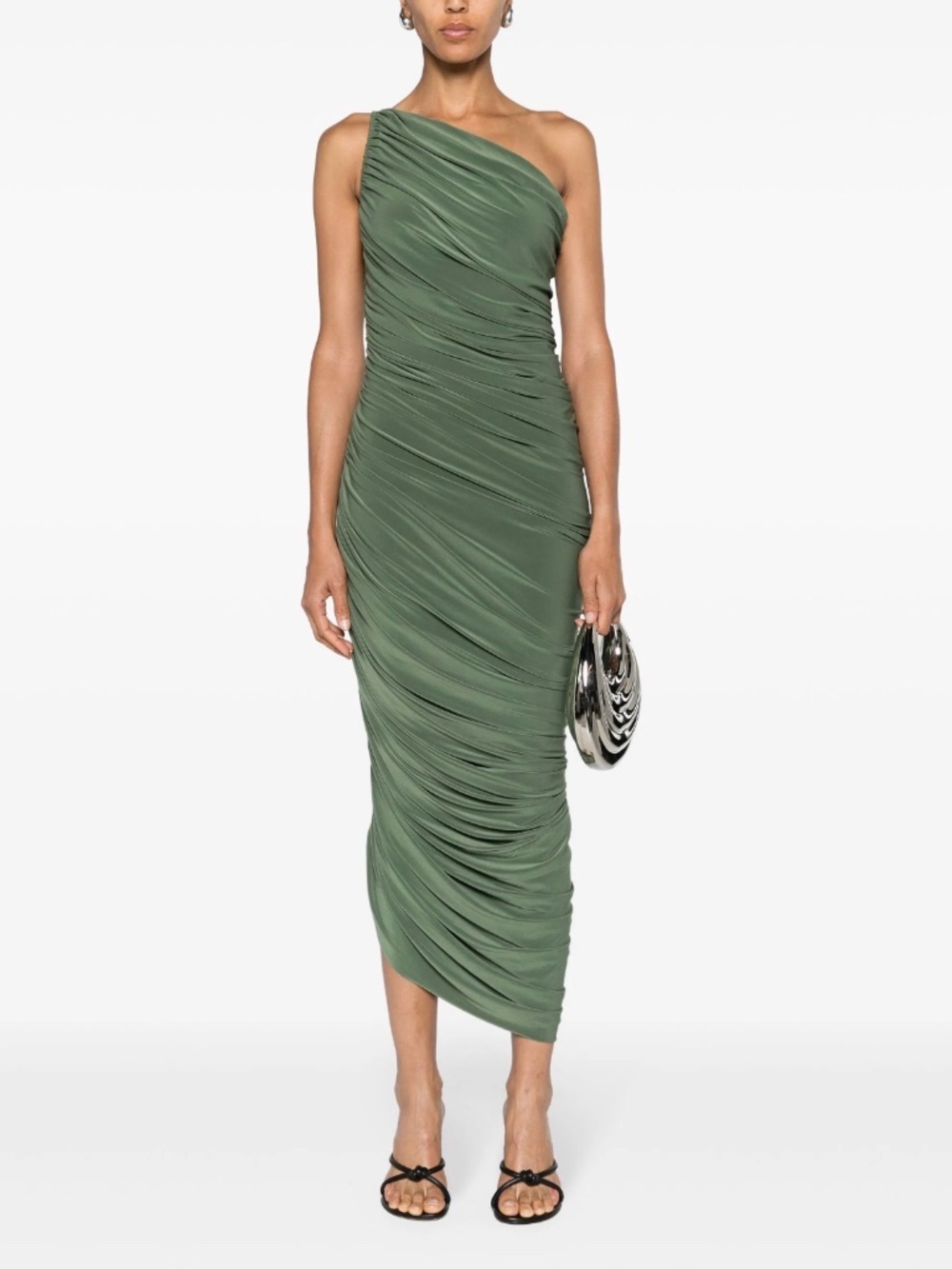 Norma Kamali Diana Chic One Shoulder Ruched Asymmetrical Maxi Dress Medium